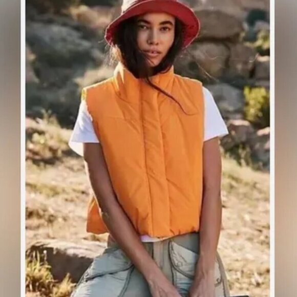 Free People Sight Seein' Athletic Workout Puffer Vest, Bright Orange, Size M - Picture 1 of 16
